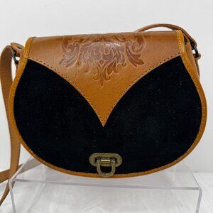 Beara Beara Structure Tooled Caramel Genuine Leather Crossbody Bag Suede Black